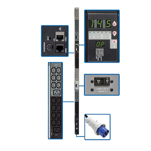 14.5kW 3 Phase Monitored PDU 200 208 240V Outlets 42 C13 6 C19 IEC 309 60A Blue IP67 10ft Cord 0U Vertical TAA
